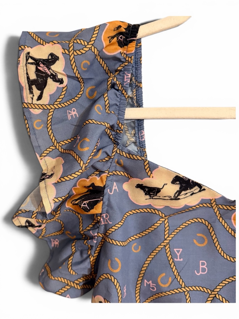 Women's Slate Blue Equestrian Print Ruffle Tank Top - Picture 2 of 5
